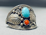 Marvelous Vintage Native American Navajo Turquoise Coral Sterling Silver Leaves Ring-Nativo Arts