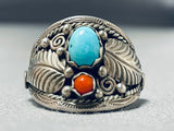 Marvelous Vintage Native American Navajo Turquoise Coral Sterling Silver Leaves Ring-Nativo Arts