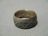 Marvelous Vintage Native American Navajo Turquoise Inlay Sterling Silver Ring Old-Nativo Arts