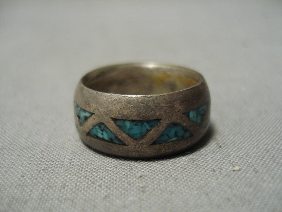 Marvelous Vintage Native American Navajo Turquoise Inlay Sterling Silver Ring Old-Nativo Arts