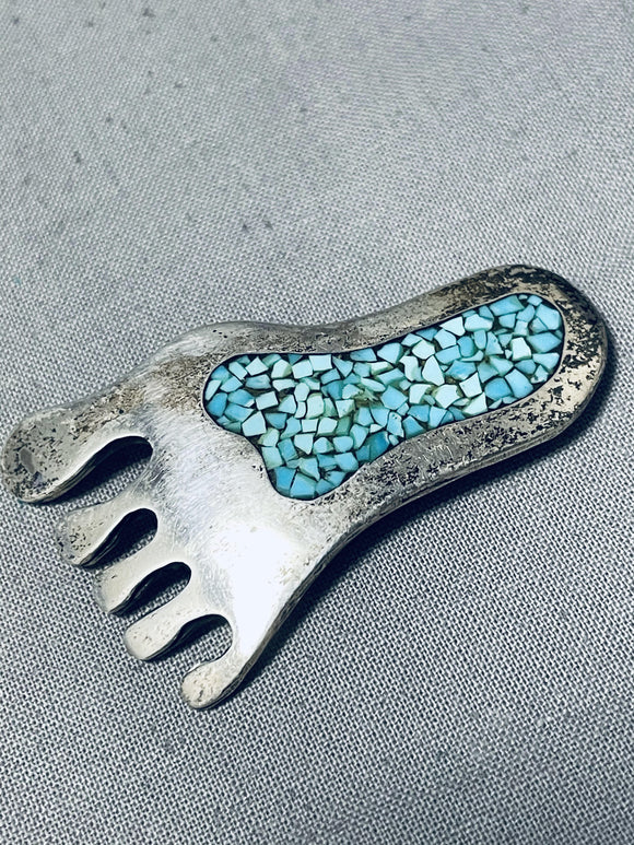 Marvelous Vintage Native American Navajo Turquoise Sterling Silver Foot Pin Signed-Nativo Arts