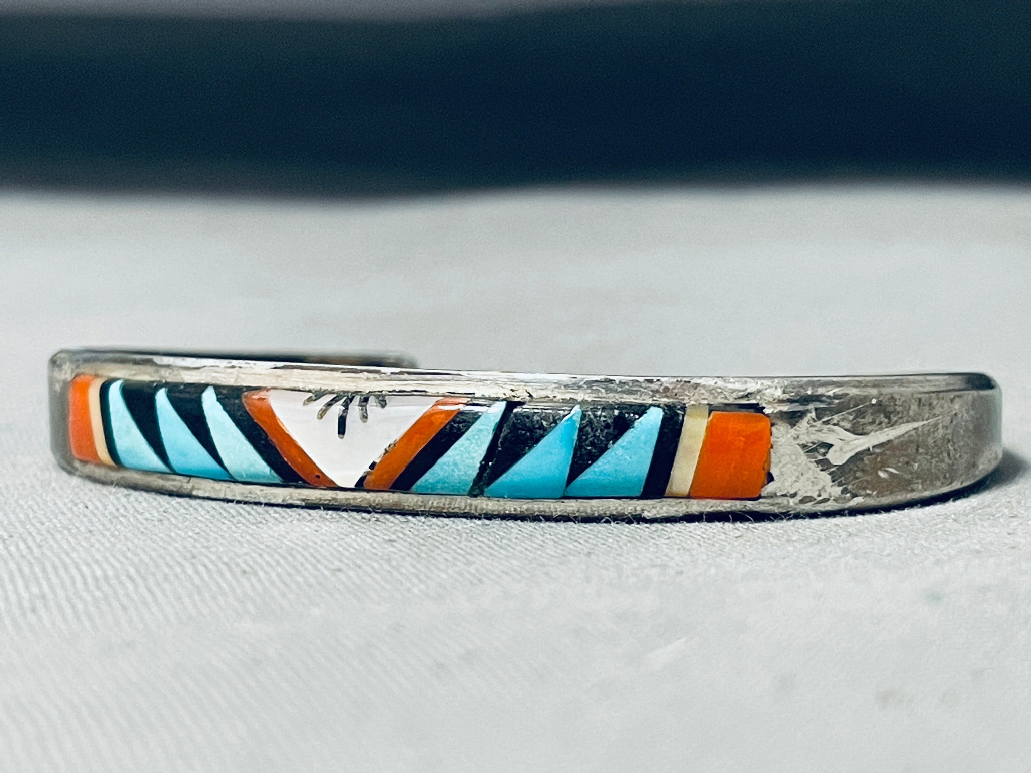 Striking Native American Turquoise Cuff with Diamond Etching – Super Silver