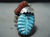 Marvelous Zuni Turquoise And Coral Sterling Silver Ring Native American Old-Nativo Arts
