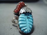 Marvelous Zuni Turquoise And Coral Sterling Silver Ring Native American Old-Nativo Arts