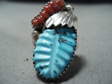 Marvelous Zuni Turquoise And Coral Sterling Silver Ring Native American Old-Nativo Arts