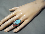 Marvelous Zuni Turquoise And Coral Sterling Silver Ring Native American Old-Nativo Arts