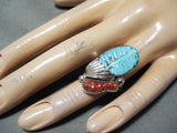Marvelous Zuni Turquoise And Coral Sterling Silver Ring Native American Old-Nativo Arts