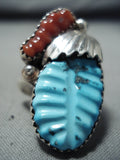 Marvelous Zuni Turquoise And Coral Sterling Silver Ring Native American Old-Nativo Arts