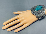 Massive Vintage Native American Navajo Spiderweb Turquoise Sterling Silver Leaf Bracelet-Nativo Arts