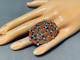 Mesmerizing Native American Navajo 15 Coral Cluster Sterling Silver Huge Ring-Nativo Arts