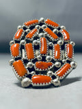 Mesmerizing Native American Navajo 15 Coral Cluster Sterling Silver Huge Ring-Nativo Arts