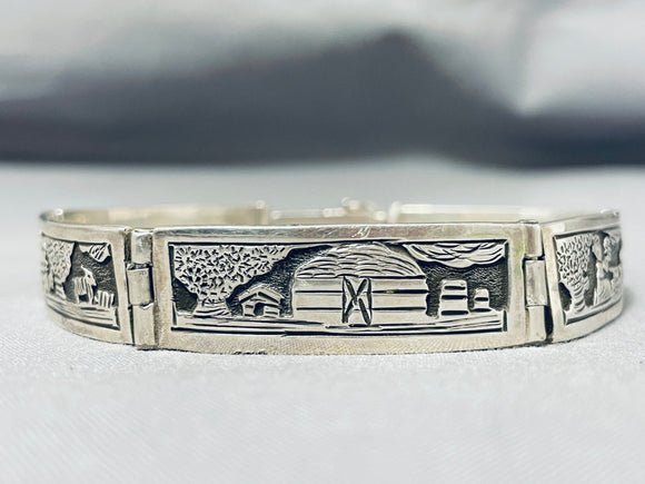 Micro Precise Hand Carved Vintage Native American Navajo Sterling Silver Clasp Bracelet-Nativo Arts