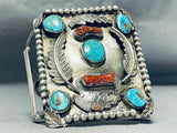 Monster Museum Vintage Native American Navajo Turquoise Coral Sterling Silver Bracelet-Nativo Arts