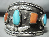 Monster Vintage Native American Navajo Turquoise Coral Sterling Silver Leaf Bracelet-Nativo Arts