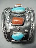 Monster Vintage Native American Navajo Turquoise Coral Sterling Silver Leaf Bracelet-Nativo Arts