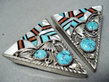 Most Intrciate Vintage Native American Navajo Turquoise Inlay Sterling Silver Collar Protectors-Nativo Arts