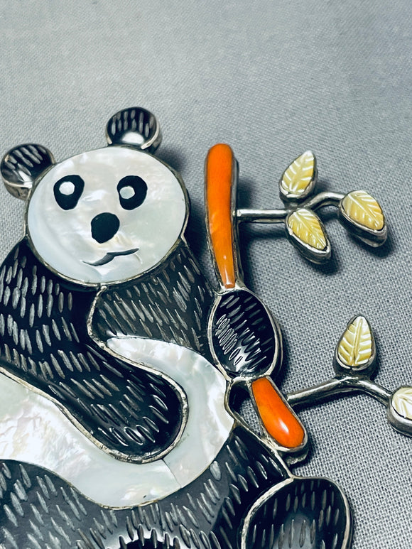 Most Unique Vintage Native American Navajo Panda Bear Coral Sterling Silver Pin Pendant Big-Nativo Arts
