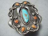 Museum 101 Grams Vintage Native American Navajo Turquoise Coral Sterling Silver Bracelet-Nativo Arts
