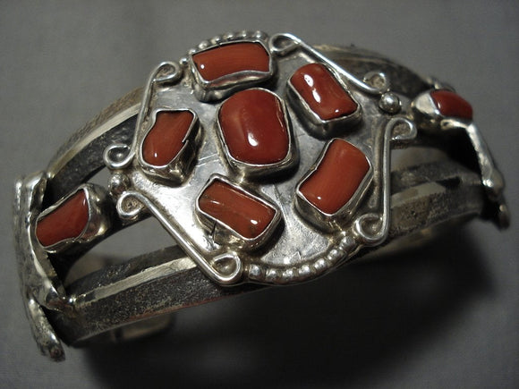 Museum Native American Jewelry Navajo Coral Sterling Silver Arrowhead Bracelet Cuff-heavy!-Nativo Arts