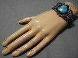 Museum Quality Vintage Native American Navajo Sterling Silver Spiderweb Turquoise Bracelet Old-Nativo Arts