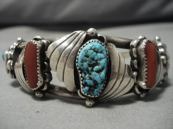 Museum Quality!! Vintage Native American Navajo Turquoise Coral Sterling Silver Bracelet Old-Nativo Arts