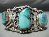 Museum Vintage Native American Navajo 3 Stone Turquoise Sterling Silver Bracelet Old-Nativo Arts