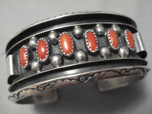Museum Vintage Native American Navajo Coral Sterling Silver Channel Bracelet Old-Nativo Arts
