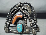 Museum Vintage Native American Navajo Turquoise Coral Sterling Silver Wave Bracelet-Nativo Arts