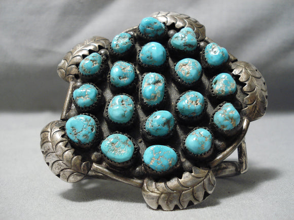 Museum Vintage Native American Navajo Turquoise Nugget Sterling Silver Leaf Bracelet-Nativo Arts