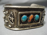 Museum Vintage Native American Navajo Turquoise Sterling Silver Coral Slag Bracelet Old-Nativo Arts