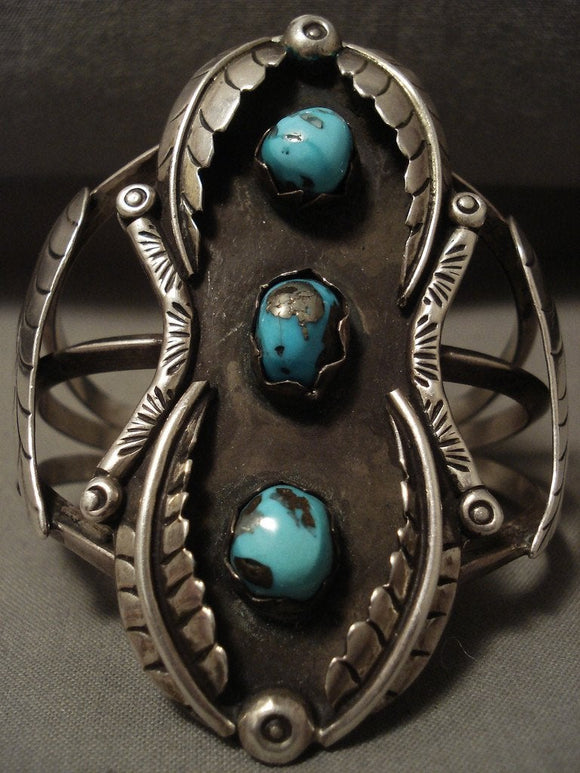 Museum Vintage Navajo Persin Turquoise Native American Jewelry Silver Leaf Bracelet-Nativo Arts