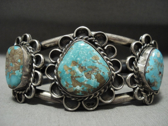 Museum Vintage Navajo 'Triple Flower Turquoise' Native American Jewelry Silver Bracelet-Nativo Arts