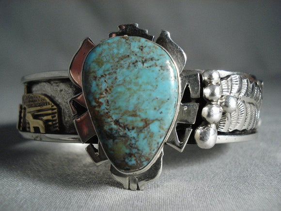 Museum Vintage Navajo Youngblood Turquoise Native American Jewelry Silver Gold Hogan Bracelet-Nativo Arts