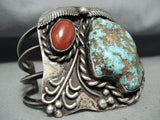 Museum Wide Vintage Native American Navajo Blue Royston Turquoise Coral Sterling Silver Bracelet-Nativo Arts