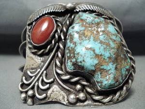 Museum Wide Vintage Native American Navajo Blue Royston Turquoise Coral Sterling Silver Bracelet-Nativo Arts