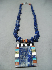 Native American Amazing Vintage Santo Domingo Turquoise Lapis Sterling Silver Inlay Necklace-Nativo Arts