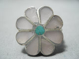 Native American Beautiful Flower Vintage Zuni Turquoise Pearl Sterling Silver Ring Old-Nativo Arts