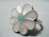 Native American Beautiful Flower Vintage Zuni Turquoise Pearl Sterling Silver Ring Old-Nativo Arts