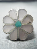 Native American Beautiful Flower Vintage Zuni Turquoise Pearl Sterling Silver Ring Old-Nativo Arts