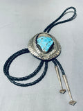 Native American Best Vintage Navaj Carico Lake Turquoise Sterling Silver Leaf Bolo Tie Old-Nativo Arts