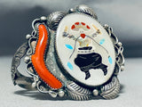 Native American Dance Kachina Very Long Coral Vintage Navajo Turquoise Sterling Silver Bracelet-Nativo Arts