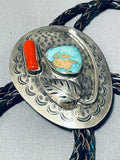 Native American David Garcia Vintage Santo Domingo Old Kingman Turquoise Sterling Silver Bolotie-Nativo Arts