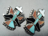 Native American Detailed Earlier Vintage Zuni Turquoise Sterling Silver Inlay Earrings-Nativo Arts