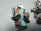 Native American Detailed Earlier Vintage Zuni Turquoise Sterling Silver Inlay Earrings-Nativo Arts