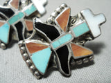Native American Detailed Earlier Vintage Zuni Turquoise Sterling Silver Inlay Earrings-Nativo Arts