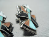 Native American Detailed Earlier Vintage Zuni Turquoise Sterling Silver Inlay Earrings-Nativo Arts