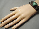 Native American Detailed Vintage Carico Lake Turquoise Sterling Silver Leaf Bracelet Old-Nativo Arts