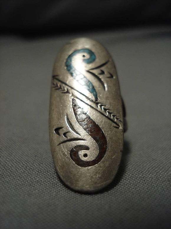 Native American Detailed!! Vintage Navajo Turquoise Coral Sterling Silver Inlay Ring Old-Nativo Arts