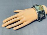 Native American Double Bison Heavy Natrive American #8 Turquoise Sterling Silver Bracelet-Nativo Arts
