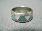 Native American Fabulous Detailed Vintage Zuni Turquoise Sterling Silver Inlay Ring-Nativo Arts